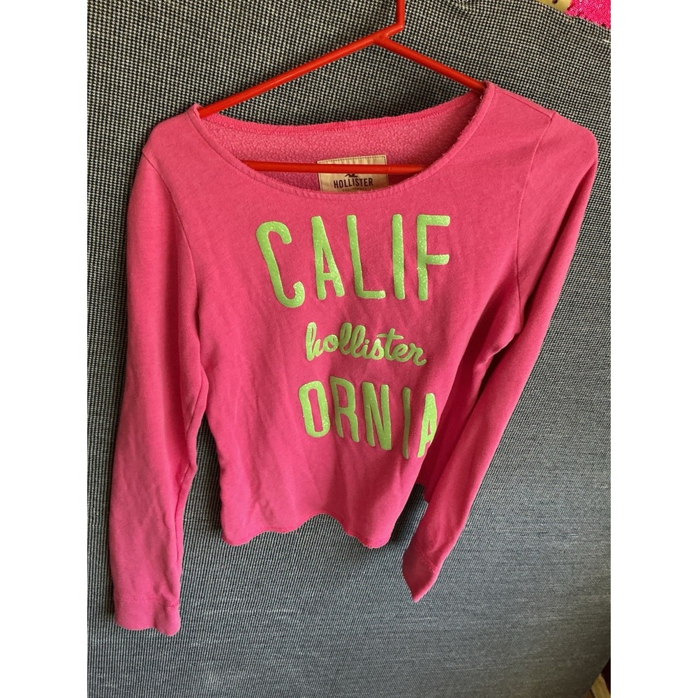 Hollister Pink Pullover Sweatshirt Glitter Letters Pink Green Women's Size L Y2K